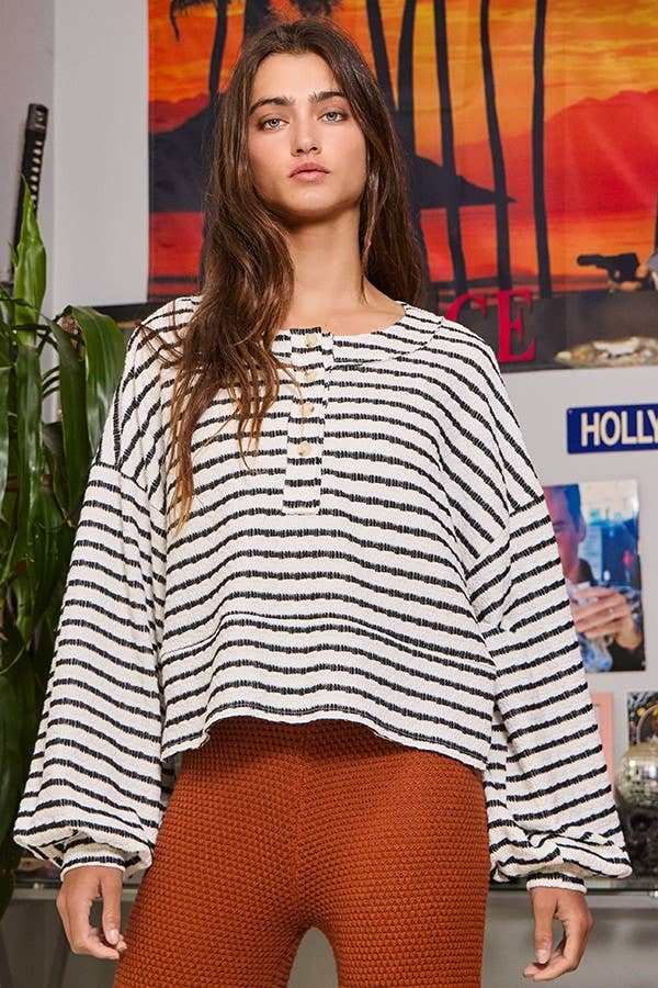 Textured Stripe Print Henley Oversize Crop Top