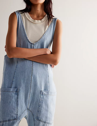 Denim Adjustable Shoulder High Roller Jumpsuit