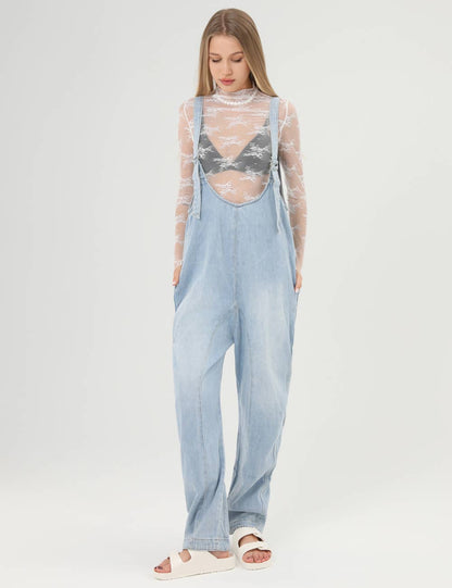 Denim Adjustable Shoulder High Roller Jumpsuit