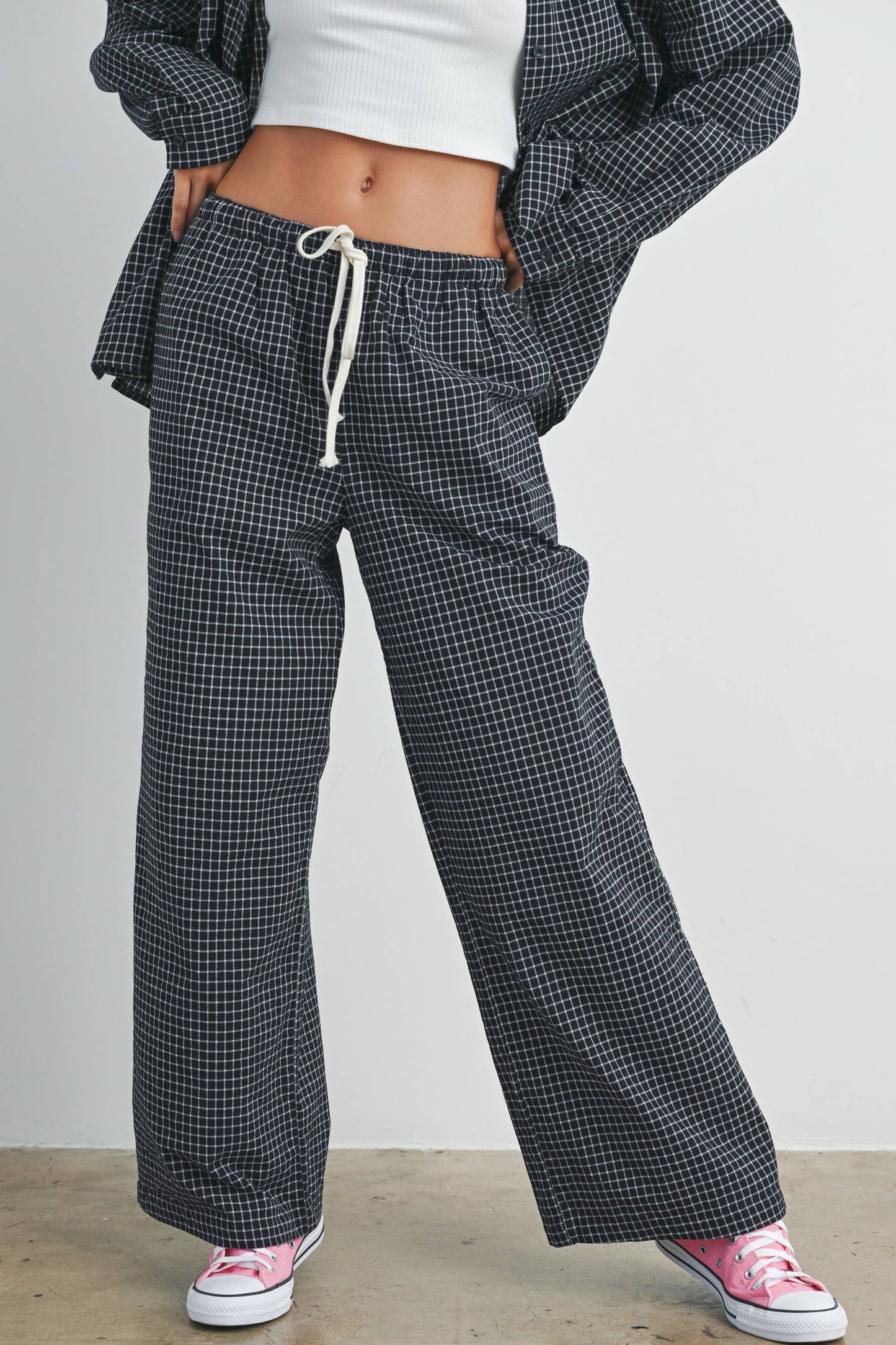 High Waisted Drawstring, Checked Pants