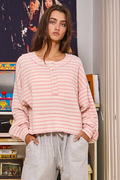 Textured Stripe Print Henley Oversize Crop Top