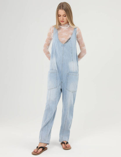 Denim Adjustable Shoulder High Roller Jumpsuit