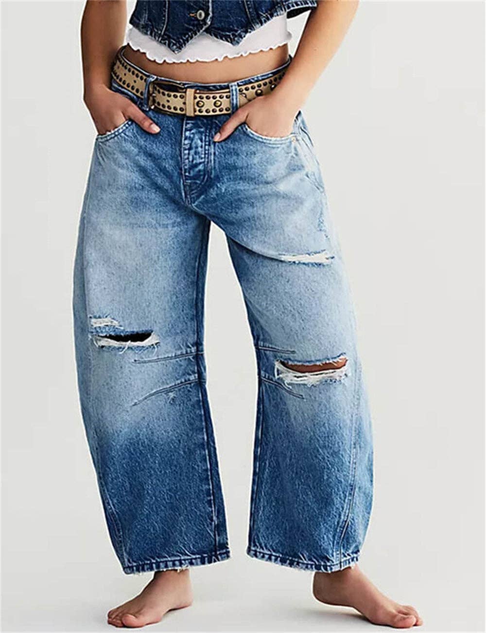 Ladies Mid Rise Wide Leg Barrel Jeans